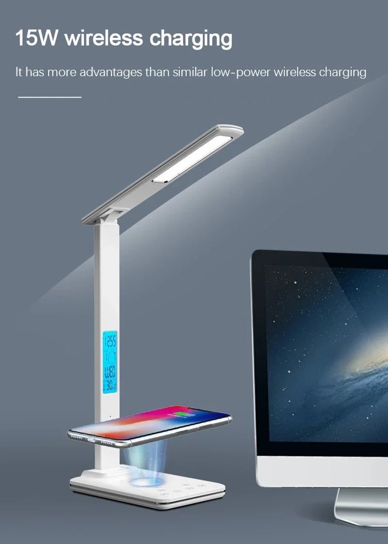 LED Desk Lamp with Wireless Charger and USB Plug in Port Bedside Night Light